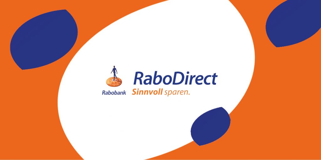 Logo für RaboDirect mit dem Rabobank-Logo, dem Text RaboDirect in Blau und Sinnvoll sparen. in Orange vor einem orange-weißen Hintergrund mit blauen ovalen Formen.