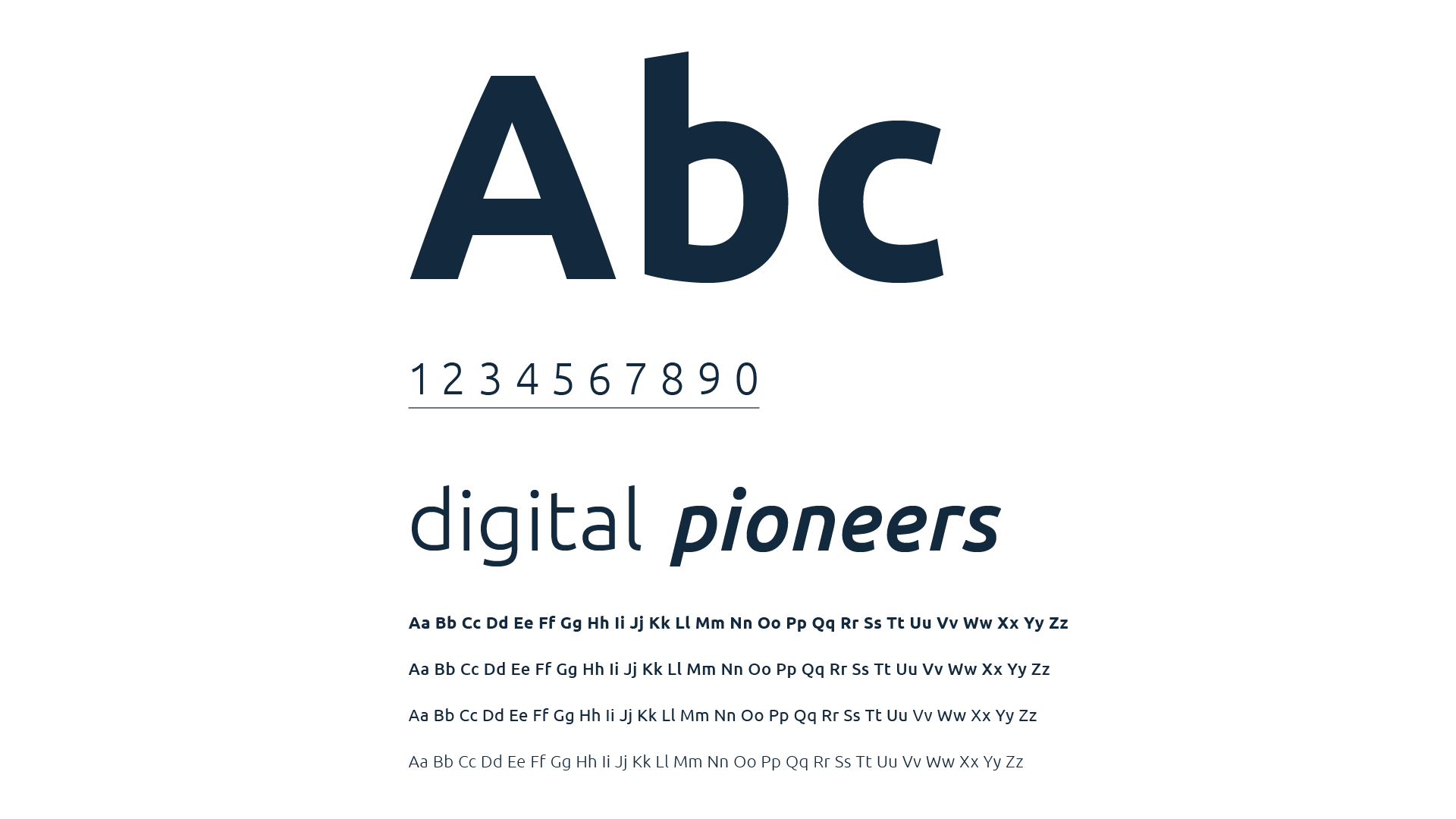 Ein serifenloses Schriftmuster für die swiss marketplace group, das Abc, die Zahlen 1-0, die digitalen Pioniere mit den Pionieren in Kursivschrift sowie vollständige Groß- und Kleinbuchstaben in verschiedenen Größen zeigt.