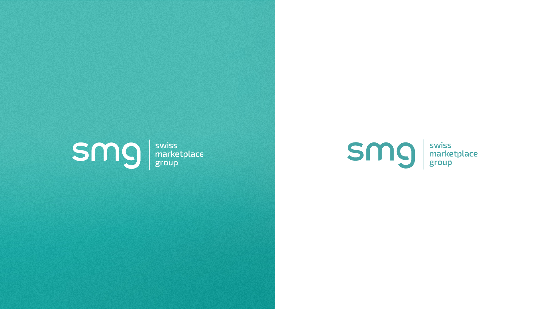 Das Bild zeigt das Logo der swiss marketplace group: links erscheint der weisse Text auf einem blaugrünen Hintergrund; rechts ist das Logo der swiss marketplace group in blaugrün auf weissem Hintergrund abgebildet.
