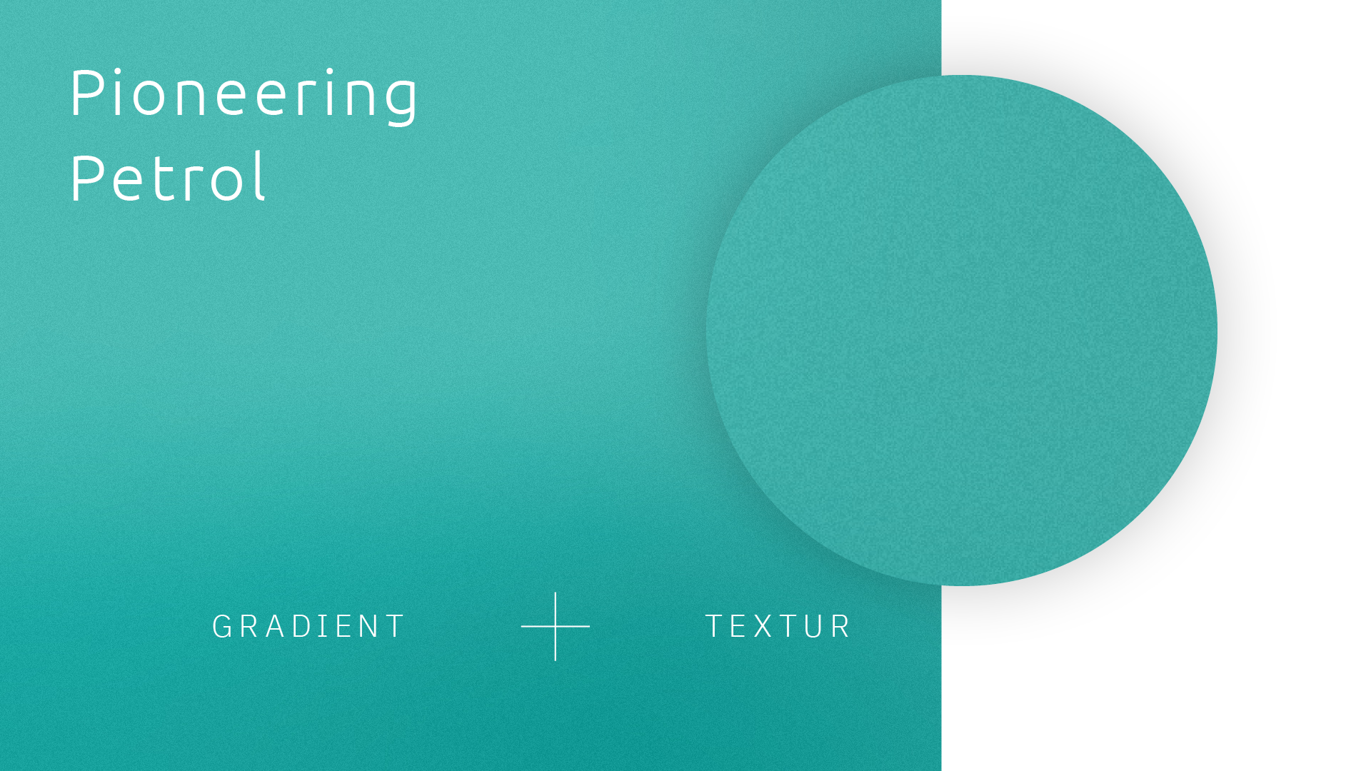 Eine tealfarbene Grafik für die Swiss Marketplace Group mit dem Schriftzug Pioneering Petrol in Weiß auf der linken Seite, einem großen texturierten tealfarbenen Kreis auf der rechten Seite und GRADIENT + TEXTUR am unteren Rand.