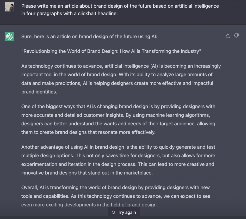 Ein Screenshot einer Chat-Schnittstelle, auf der ein Benutzer einen Artikel über Markendesign und KI anfordert. Die KI-Antwort liefert einen Artikel mit dem Titel Revolutionierung der Welt des Markendesigns: How AI is Transforming the Industry" (Wie KI die Branche verändert) mit bahnbrechenden Erkenntnissen.