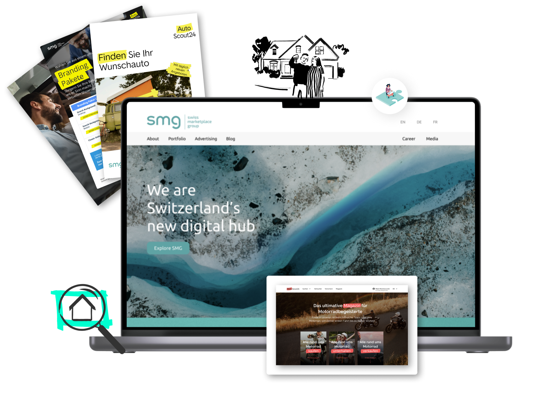 Ein Laptop zeigt eine Website mit der Aufschrift Wir sind die neue digitale Drehscheibe der Schweiz. Drumherum liegen Marketing-Broschüren, ein Tablet mit einer weiteren Website und eine schwarz-weiße Haus-Illustration, die die Essenz der innovativen digitalen Landschaftsgestaltung einfängt.