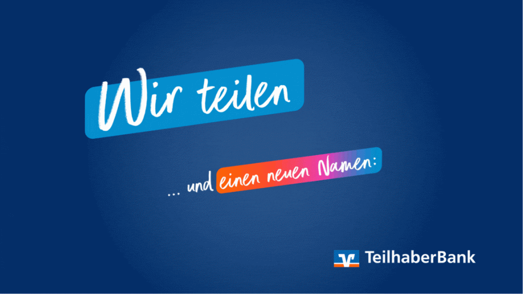 Animiertes Werbemotiv der VR TeilhaberBank auf blauem Hintergrund mit wechselnden Texten.