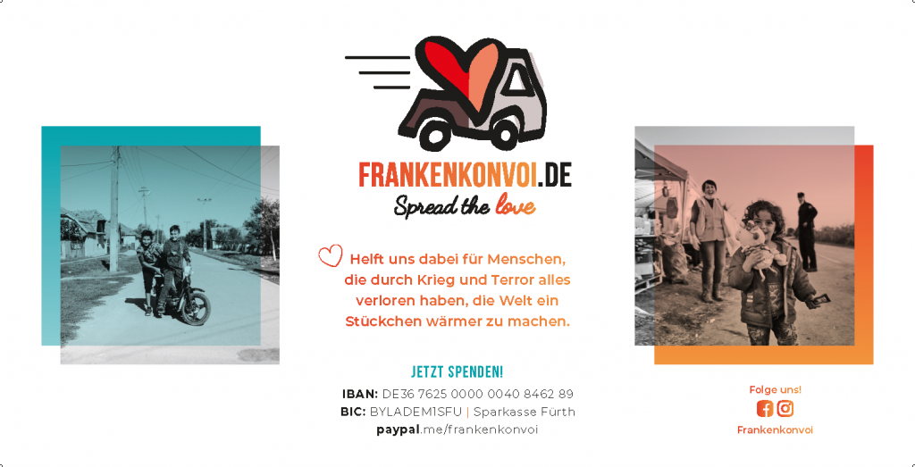 An advertising graphic for Frankenkonvoi.de shows a truck with a heart, donation information, social media links, and a photo of people in a snow-covered, destroyed area. The text calls for donations for those affected by war and terror.