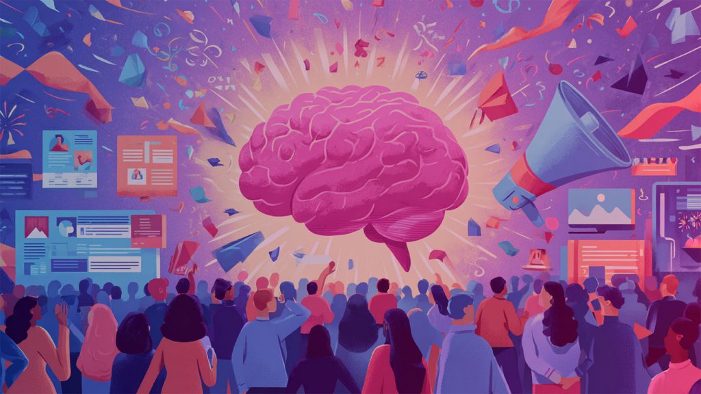 Ein großes, leuchtendes Gehirn schwebt über einer Gen-Alpha-Menge, umgeben von Konfetti, digitalen Bildschirmen, Diagrammen und einem Megaphon - ein Symbol für Ideen, Innovation und gemeinsame Informationen in einer lebhaften, farbenfrohen Szene.